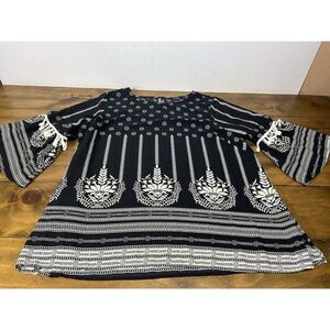 Ali Miles Boho 3/4 Bell Sleeve Tunic Size XL Black White Tassels